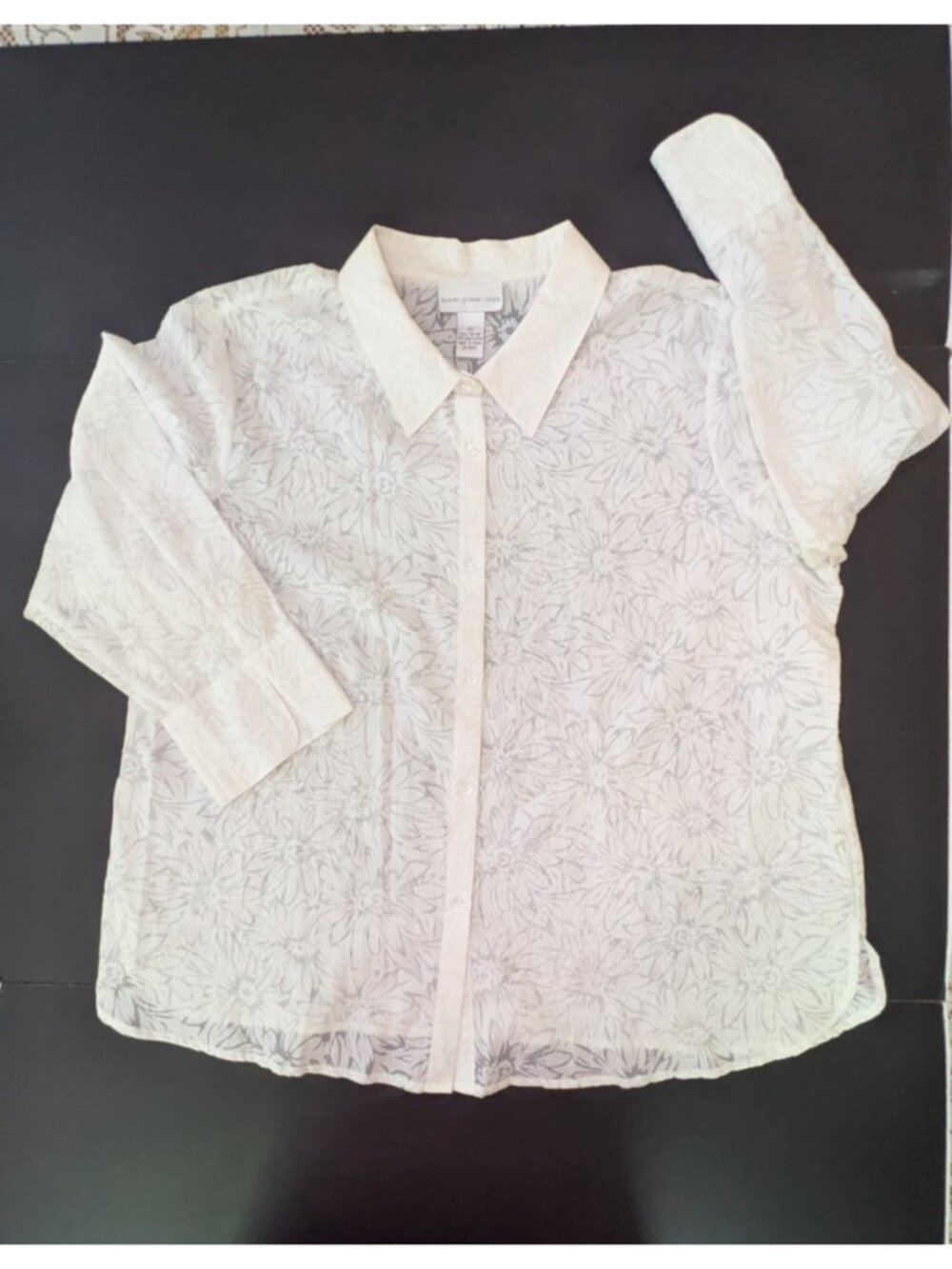 Susan Graver Top Button Up Blouse Size 2X Sheer White Floral Flower Buttons